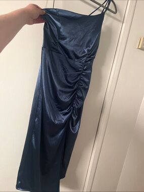 Emerald Sundae Navy One-Shoulder Satin Gown